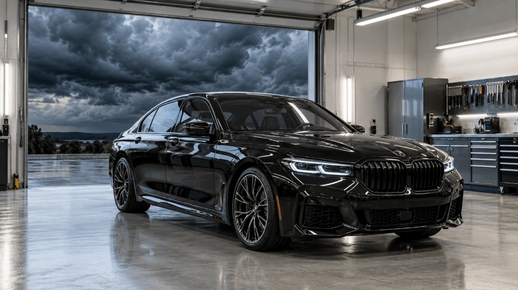 A dark, glossy car inside a bright shop bay with a wall of storm clouds visible through the open door.