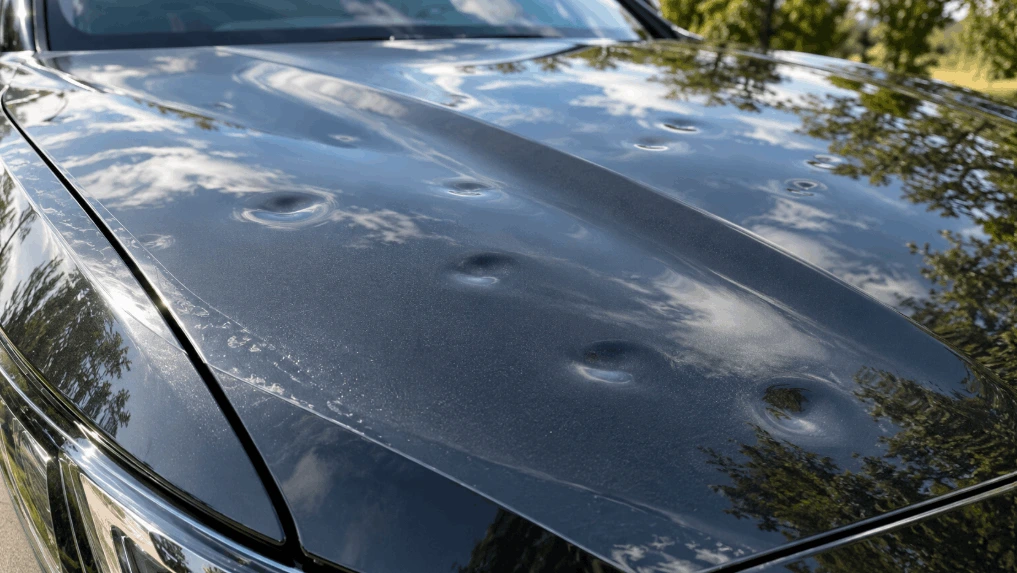 car hood with visible hail dents on paint protection film